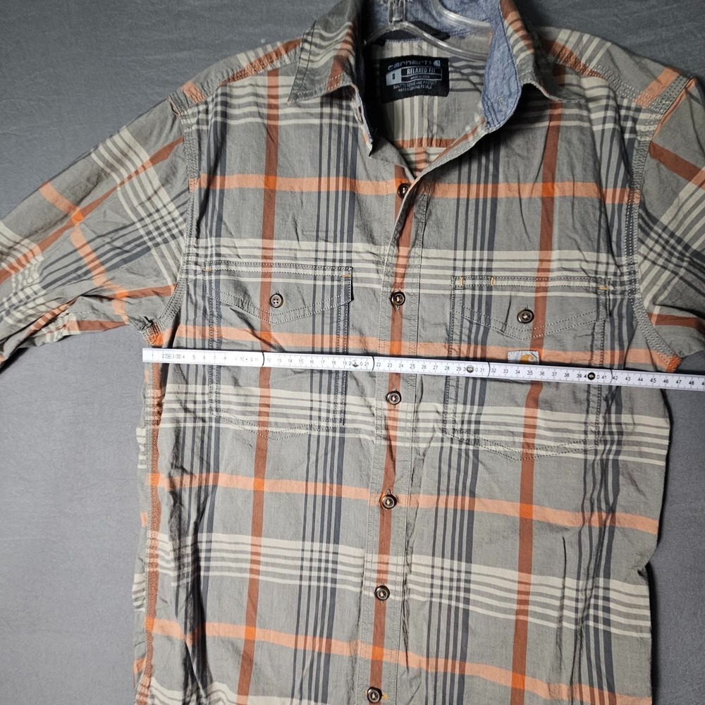 Carhartt Relaxed Fit Plaid Button Up Shirt Mens Small Gray Orange Long Sleeve - Picture 10 of 12